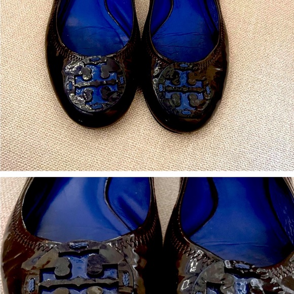 TORY BURCH BROWN AND BLUE PATENT LEATHER FLATS. 8.5 - Picture 1 of 2